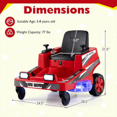 12V Kids Ride On Lawn Mower with Lit Translucent Deck, Spinning Blades, Fan Switch and Belt, 77 lb, Red