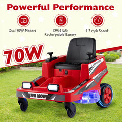 12V Kids Ride On Lawn Mower with Lit Translucent Deck, Spinning Blades, Fan Switch and Belt, 77 lb, Red