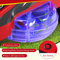12V Kids Ride On Lawn Mower with Lit Translucent Deck, Spinning Blades, Fan Switch and Belt, 77 lb, Red