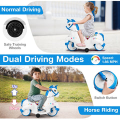 12V Kids Ride On Unicorn with Dual 6V Batteries, Two Motors, Horse Riding Mode and LED Power Display, 66 lb, Navy