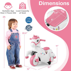 12V Kids Ride On Unicorn with Detachable Training Wheels, Horse Riding Mode, Handles and Footrests, 66 lb, Pink