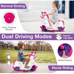 12V Kids Ride On Unicorn with Music, One Button Start, Horse Riding Mode and Anti Slip Wheels, 66 lb, Rose Red