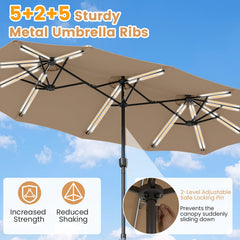 13 FT Double-Sided Patio Umbrella with 108 LED Lights and Base Included-Tan