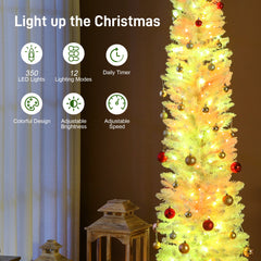 9ft Christmas Tree with Colourful DIY Synchronized LEDs, Hinged Pencil Xmas Tree with Remote, Daily Timer, Green