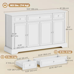 Sideboard Buffet Cabinet, 54" Kitchen Storage Cabinet with Soft-Close Doors, 3 Drawers and 2 Adjustable Shelves, White