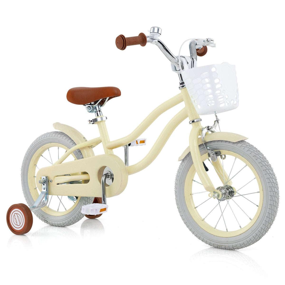 16 Inch Kids Bike Adjustable with Training Wheels and Basket, Cream