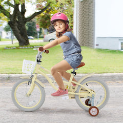 16 Inch Kids Bike Adjustable with Training Wheels and Basket, Cream