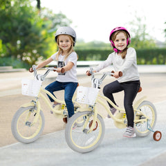 16 Inch Kids Bike Adjustable with Training Wheels and Basket, Cream