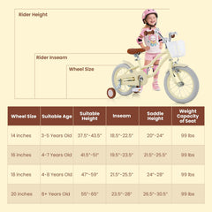 16 Inch Kids Bike Adjustable with Training Wheels and Basket, Cream