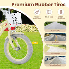 16 Inch Kids Bike Adjustable with Training Wheels and Basket, Cream