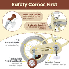 16 Inch Kids Bike Adjustable with Training Wheels and Basket, Cream