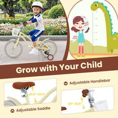 16 Inch Kids Bike Adjustable with Training Wheels and Basket, Cream