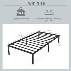 14 Inch Heavy Duty Twin Metal Platform Bed Frame with 11 Steel Slats and 12 Inch Clearance, Black