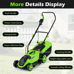 14-Inch 12-Amp Corded Electric Lawn Mower w/ 5-Position Height Adjustment-Green