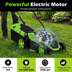 14-Inch 12-Amp Corded Electric Lawn Mower w/ 5-Position Height Adjustment-Green