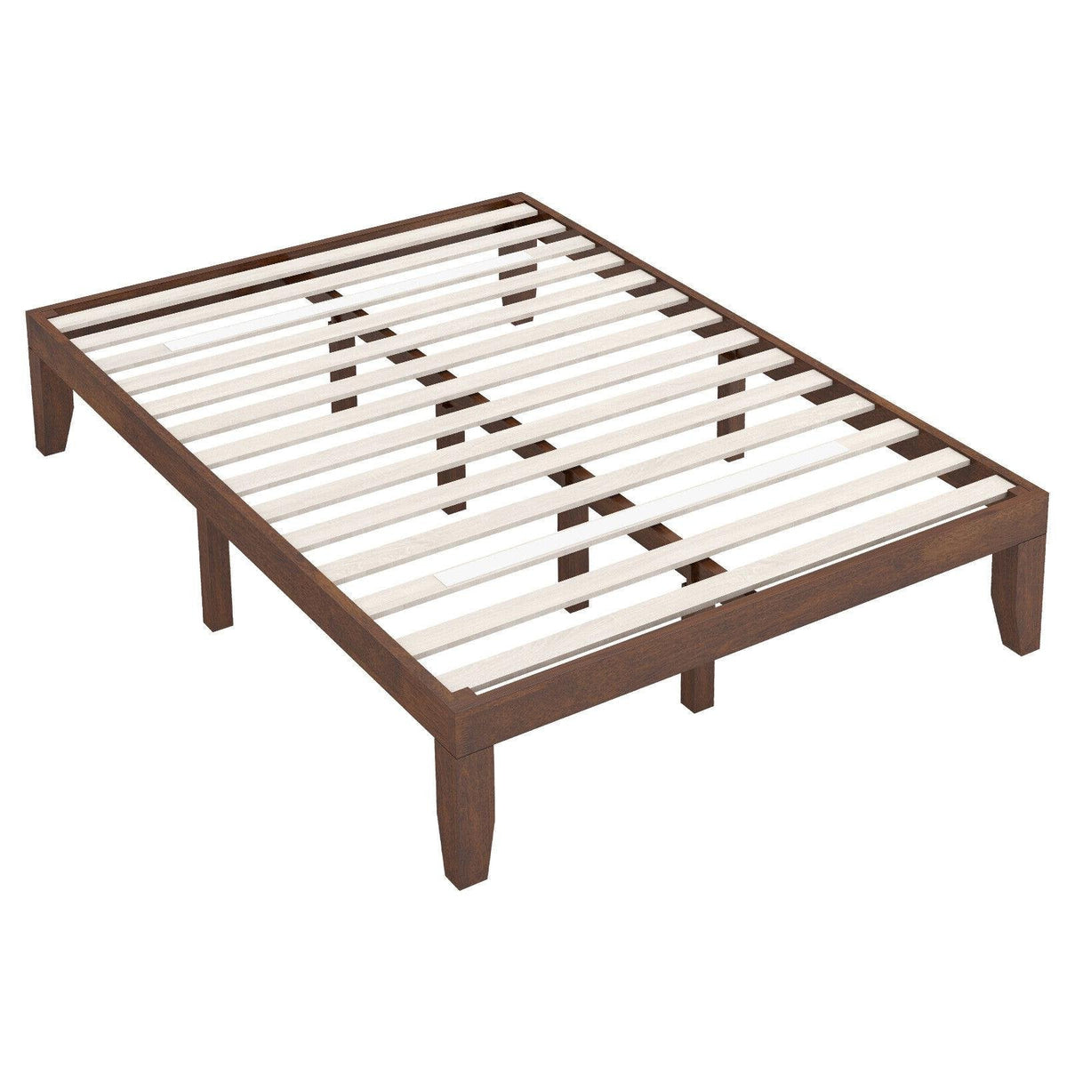 14 Inch Full Size Rubberwood Platform Bed Frame, 14 Slats at a 2.6 Inch Gap, Coffee