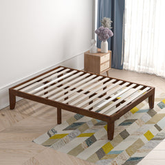 14 Inch Full Size Rubberwood Platform Bed Frame, 14 Slats at a 2.6 Inch Gap, Coffee