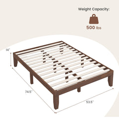 14 Inch Full Size Rubberwood Platform Bed Frame, 14 Slats at a 2.6 Inch Gap, Coffee