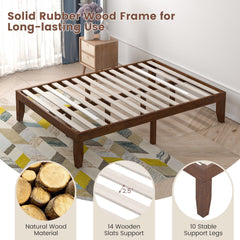14 Inch Full Size Rubberwood Platform Bed Frame, 14 Slats at a 2.6 Inch Gap, Coffee