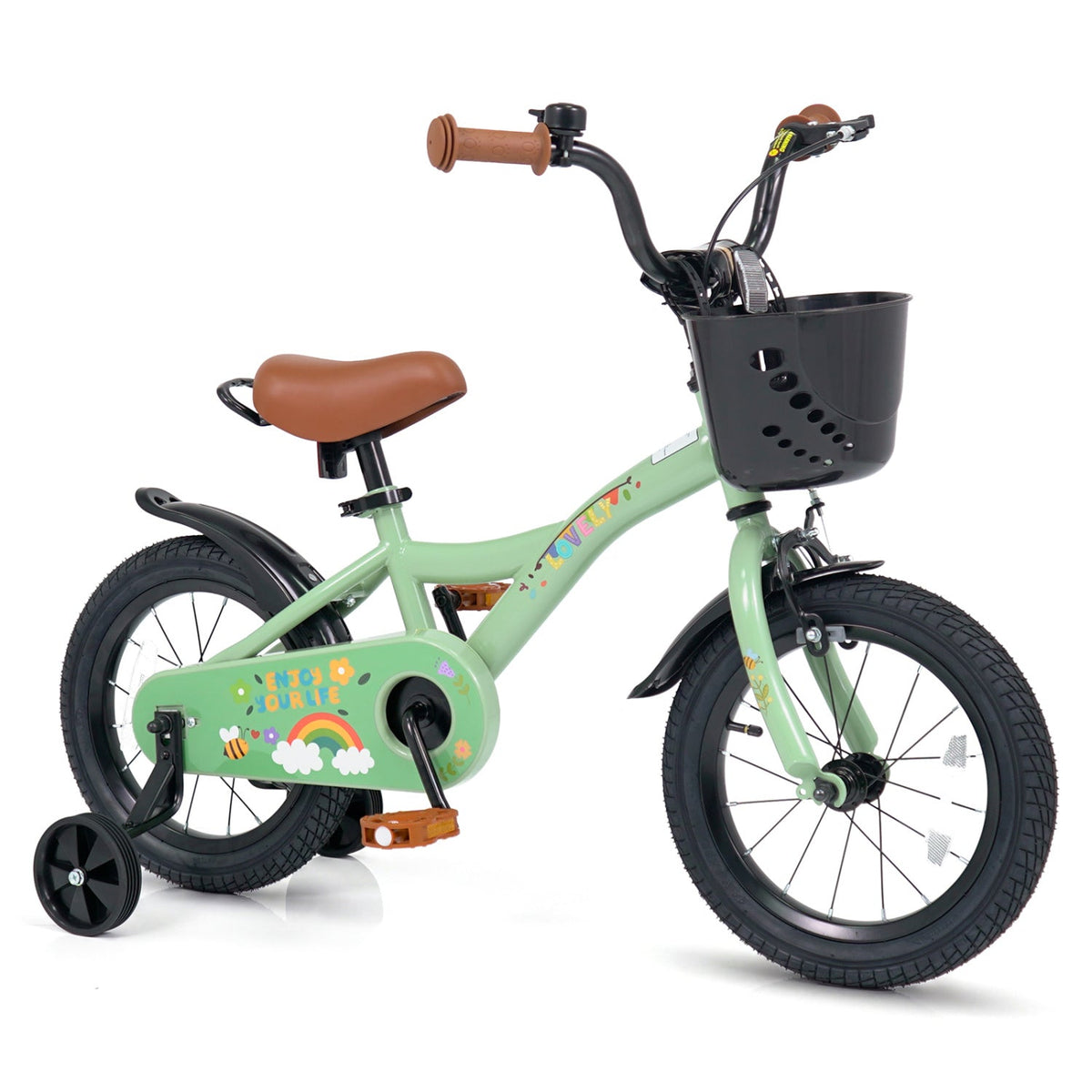 14 Inch Girls Bike with Basket, Bell and Training Wheels, Green