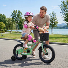14 Inch Girls Bike with Basket, Bell and Training Wheels, Green