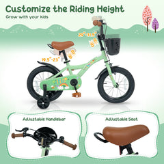 14 Inch Girls Bike with Basket, Bell and Training Wheels, Green