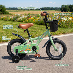 14 Inch Girls Bike with Basket, Bell and Training Wheels, Green