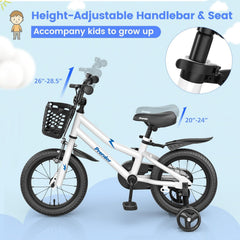 14 Inch Kids Bike with 2 Training Wheels and Basket for Ages 3 to 5, White