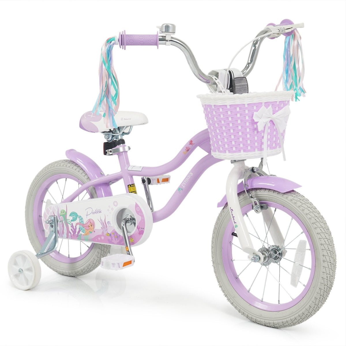 14 Inch Girls Bike with Basket, Ribbons and Mudguards, Mermaid Theme, Lilac