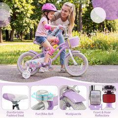 14 Inch Girls Bike with Basket, Ribbons and Mudguards, Mermaid Theme, Lilac