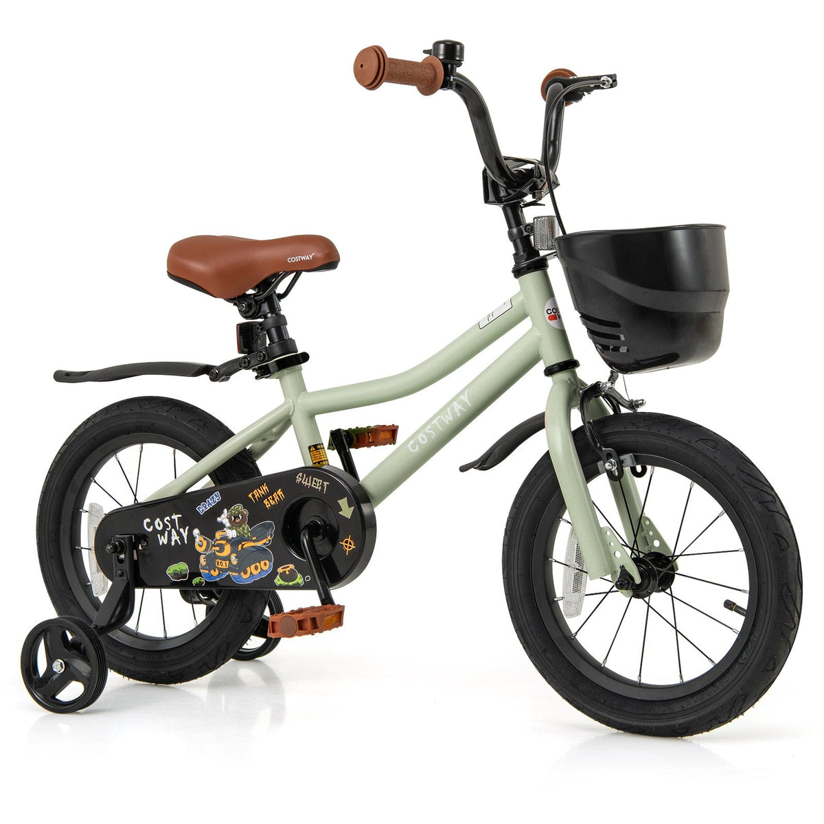 14 Inch Kids Bike with Basket, Bell and Detachable Training Wheels, Green