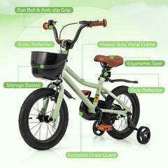 14 Inch Kids Bike with Basket, Bell and Detachable Training Wheels, Green