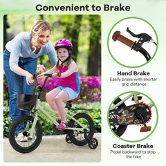 14 Inch Kids Bike with Basket, Bell and Detachable Training Wheels, Green