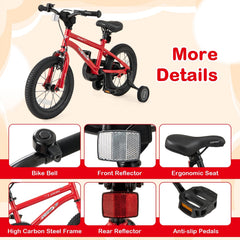 14 Inch Kids Bike with Handbrake, Coaster Brake and Bell, Red