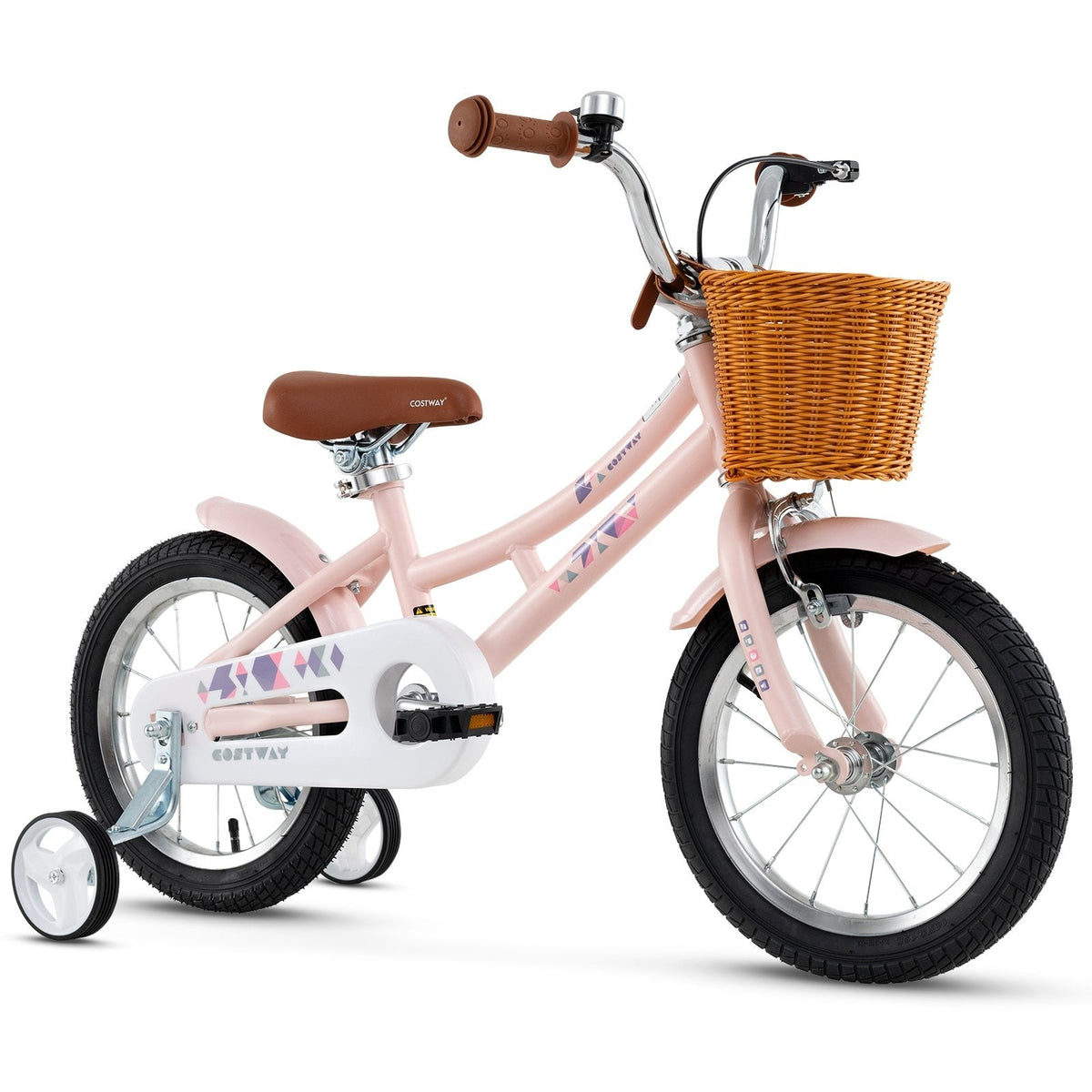 14 Inch Retro Kids Bike with Wicker Basket and Training Wheels, Pink