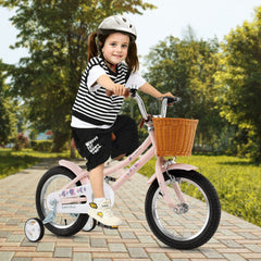 14 Inch Retro Kids Bike with Wicker Basket and Training Wheels, Pink