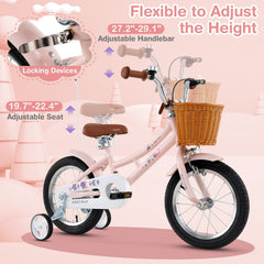 14 Inch Retro Kids Bike with Wicker Basket and Training Wheels, Pink