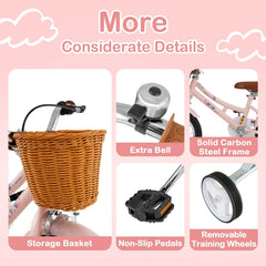 14 Inch Retro Kids Bike with Wicker Basket and Training Wheels, Pink