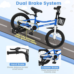 14 Inch Kids Bike with 2 Training Wheels and Basket for Ages 3 to 5, Blue