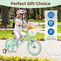 14 Inch Kids Bike with Training Wheels, Basket and Bell for Ages 3 to 5, Mint Green