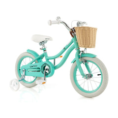 14 Inch Kids Bike with Wicker Basket and Removable Training Wheels, Green