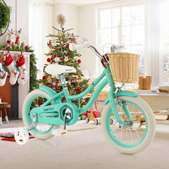 14 Inch Kids Bike with Wicker Basket and Removable Training Wheels, Green