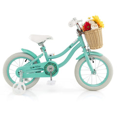 14 Inch Kids Bike with Wicker Basket and Removable Training Wheels, Green