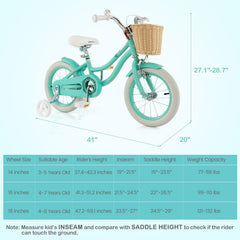 14 Inch Kids Bike with Wicker Basket and Removable Training Wheels, Green
