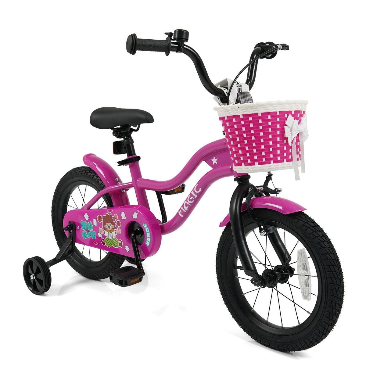 14 Inch Kids Bike with Training Wheels, Basket and Front V-Brake, Pink