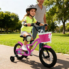 14 Inch Kids Bike with Training Wheels, Basket and Front V-Brake, Pink