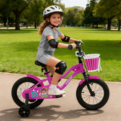 14 Inch Kids Bike with Training Wheels, Basket and Front V-Brake, Pink