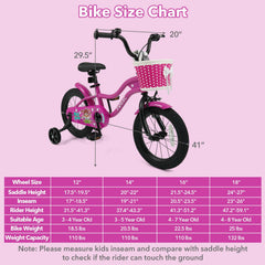 14 Inch Kids Bike with Training Wheels, Basket and Front V-Brake, Pink