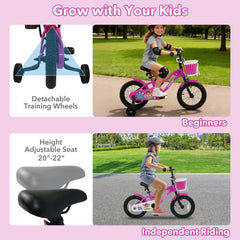 14 Inch Kids Bike with Training Wheels, Basket and Front V-Brake, Pink