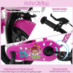 14 Inch Kids Bike with Training Wheels, Basket and Front V-Brake, Pink